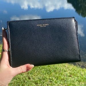 Henri Bendel Black Leather Zippered Clutch